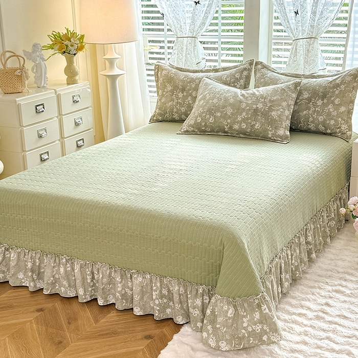 91家纺网 家纺一手货源 找家纺 韩约家纺 2025新款全棉纯棉镂空双色刺绣花边法式床盖款棉麻四件套 美伊