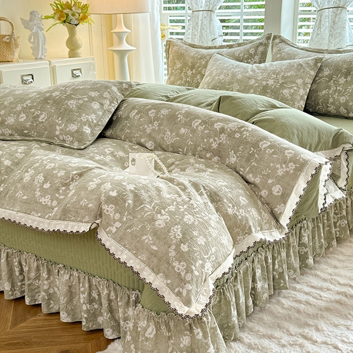 91家纺网 家纺一手货源 找家纺 韩约家纺 2025新款全棉纯棉镂空双色刺绣花边法式床盖款棉麻四件套 美伊