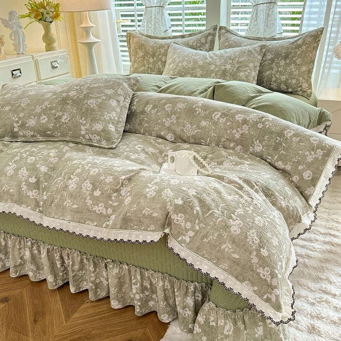 91家纺网 家纺一手货源 找家纺 韩约家纺 2025新款全棉纯棉镂空双色刺绣花边法式床盖款棉麻四件套 美伊