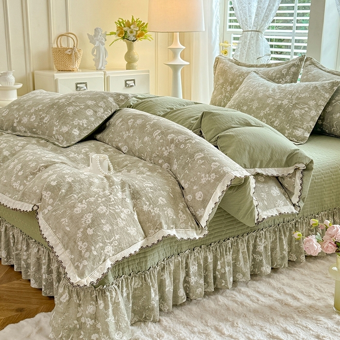 91家纺网 家纺一手货源 找家纺 韩约家纺 2025新款全棉纯棉镂空双色刺绣花边法式床盖款棉麻四件套 美伊