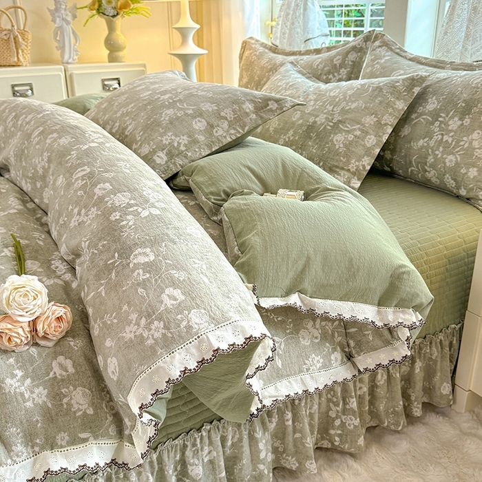 91家纺网 家纺一手货源 找家纺 韩约家纺 2025新款全棉纯棉镂空双色刺绣花边法式床盖款棉麻四件套 美伊