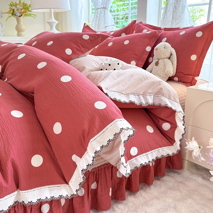 韩约家纺 2025新款全棉纯棉镂空双色刺绣花边法式床盖款棉麻四件套 波波玫红