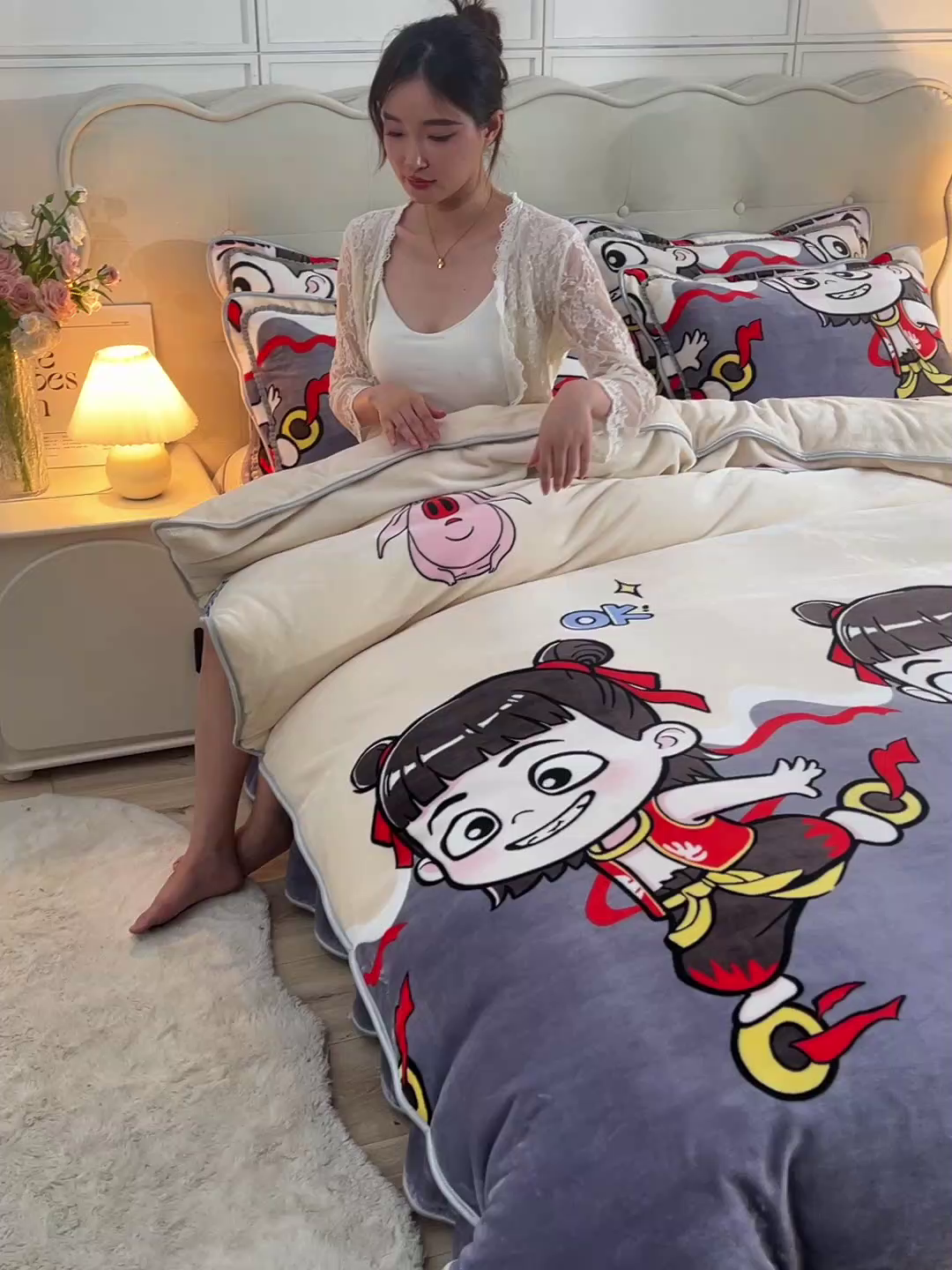 91家纺网 家纺一手货源 找家纺 绒宴2025新230克特厚款印花牛奶绒单被套法莱绒金貂被套单件 哪吒