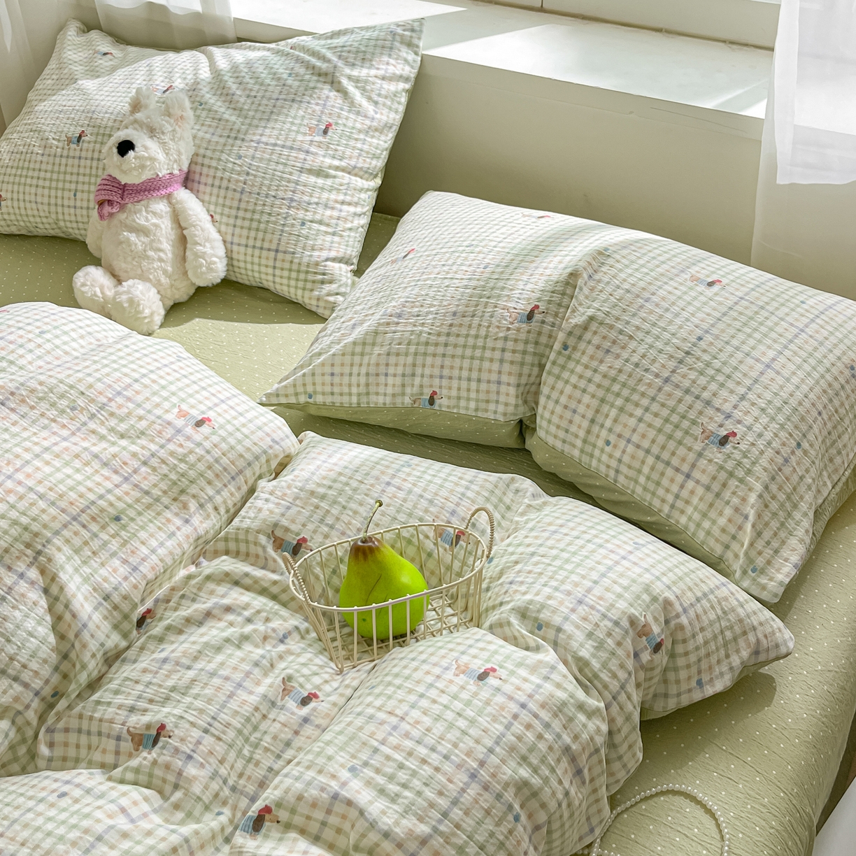 91家纺网 家纺一手货源 找家纺 格真 2025秋冬新款110克高克重提花加厚皱皱纱双层纱四件套双面印花 腊肠狗-抹茶