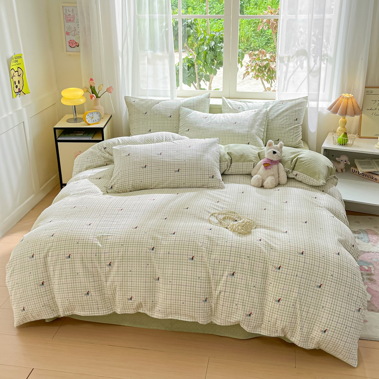 91家纺网 家纺一手货源 找家纺 格真 2025秋冬新款110克高克重提花加厚皱皱纱双层纱四件套双面印花 腊肠狗-抹茶