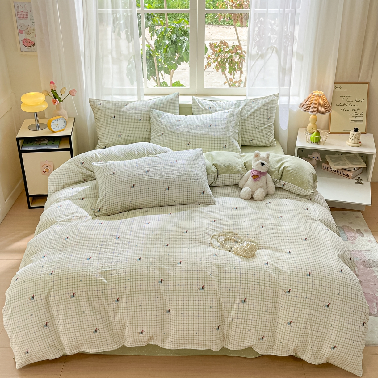 91家纺网 家纺一手货源 找家纺 格真 2025秋冬新款110克高克重提花加厚皱皱纱双层纱四件套双面印花 腊肠狗-抹茶