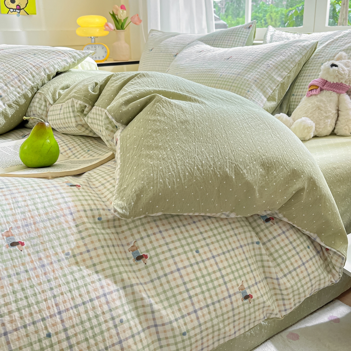 91家纺网 家纺一手货源 找家纺 格真 2025秋冬新款110克高克重提花加厚皱皱纱双层纱四件套双面印花 腊肠狗-抹茶