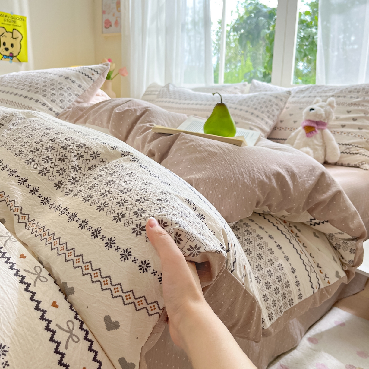 格真 2025秋冬新款110克高克重提花加厚皱皱纱双层纱四件套双面印花 波西米亚