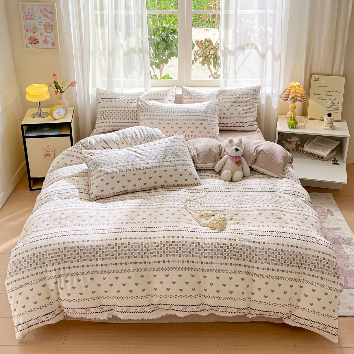 91家纺网 家纺一手货源 找家纺 格真 2025秋冬新款110克高克重提花加厚皱皱纱双层纱四件套双面印花 波西米亚