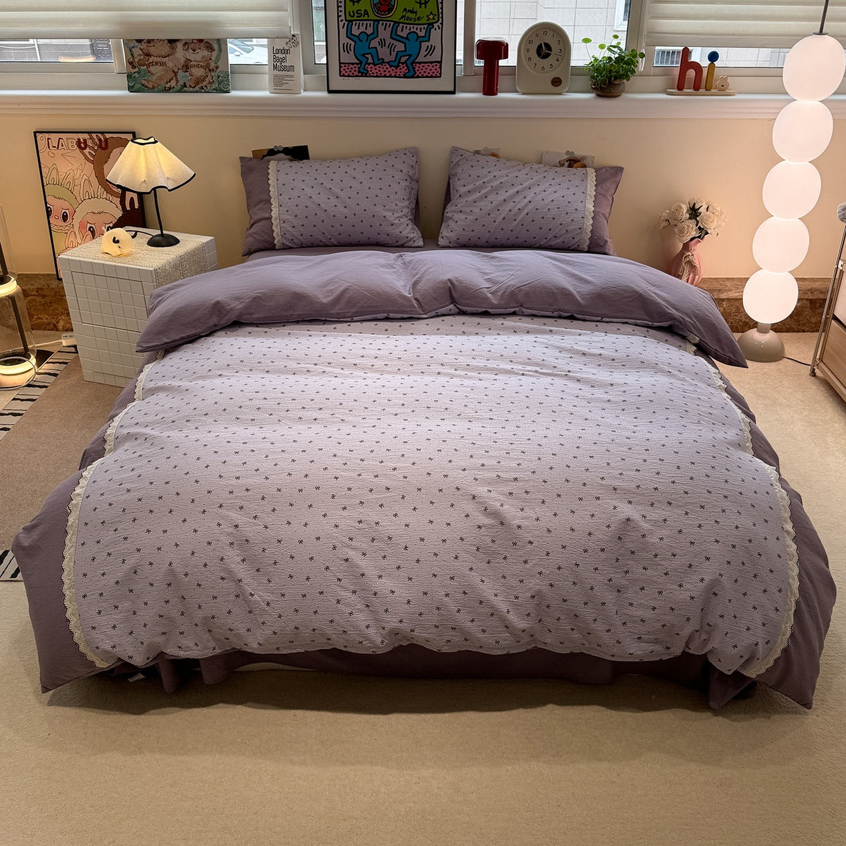 91家纺网 家纺一手货源 找家纺 水墨江南 2025新款云感皱皱纱全棉花边四件套-场景二 花边款-欢乐颂