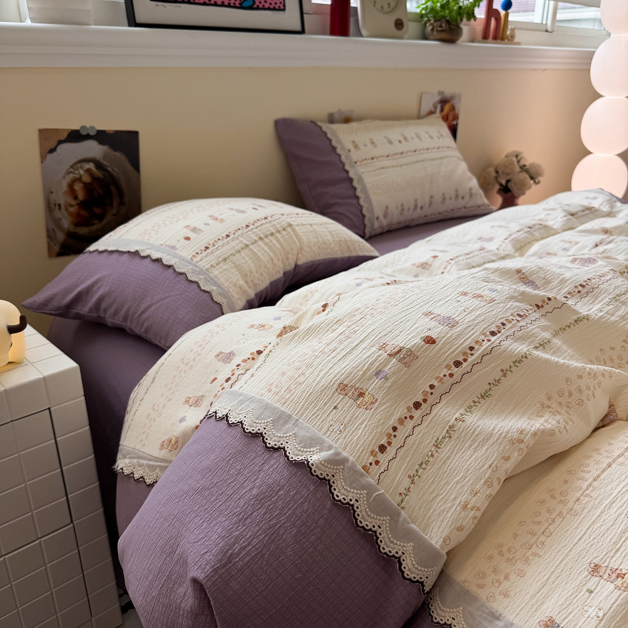 水墨江南 2025新款云感皱皱纱全棉花边四件套-场景二 花边款-快乐小兔