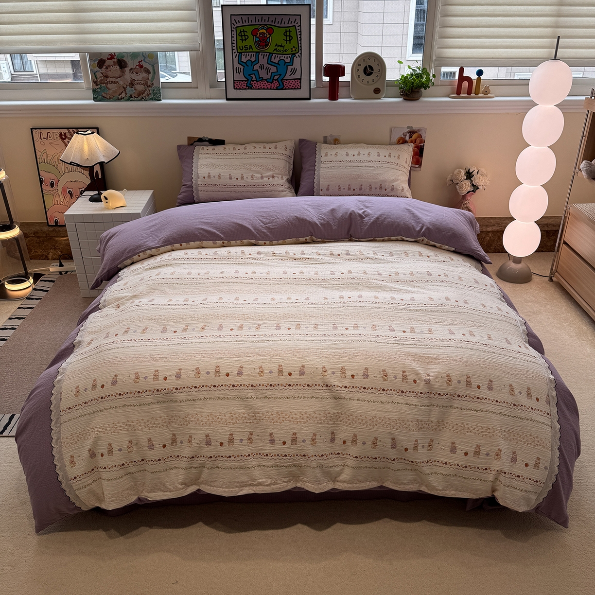 91家纺网 家纺一手货源 找家纺 水墨江南 2025新款云感皱皱纱全棉花边四件套-场景二 花边款-快乐小兔