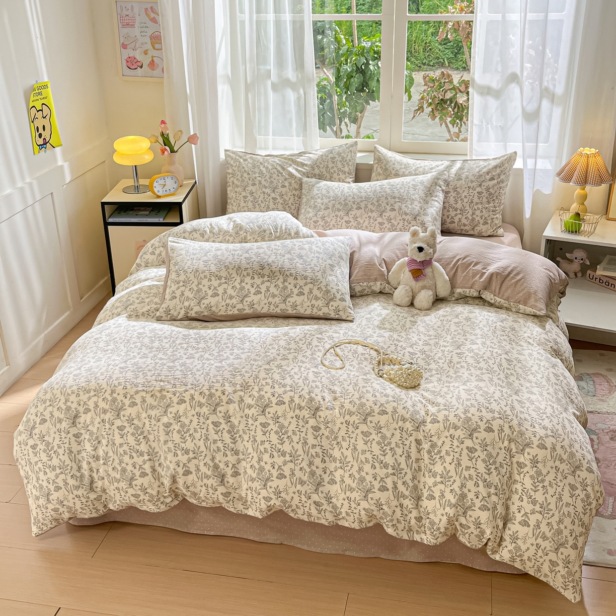 91家纺网 家纺一手货源 找家纺 格真 2025秋冬新款110克高克重提花加厚皱皱纱双层纱四件套双面印花 草木集黄