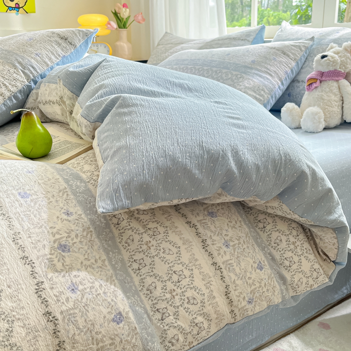 91家纺网 家纺一手货源 找家纺 格真 2025秋冬新款110克高克重提花加厚皱皱纱双层纱四件套双面印花 蝴蝶印记