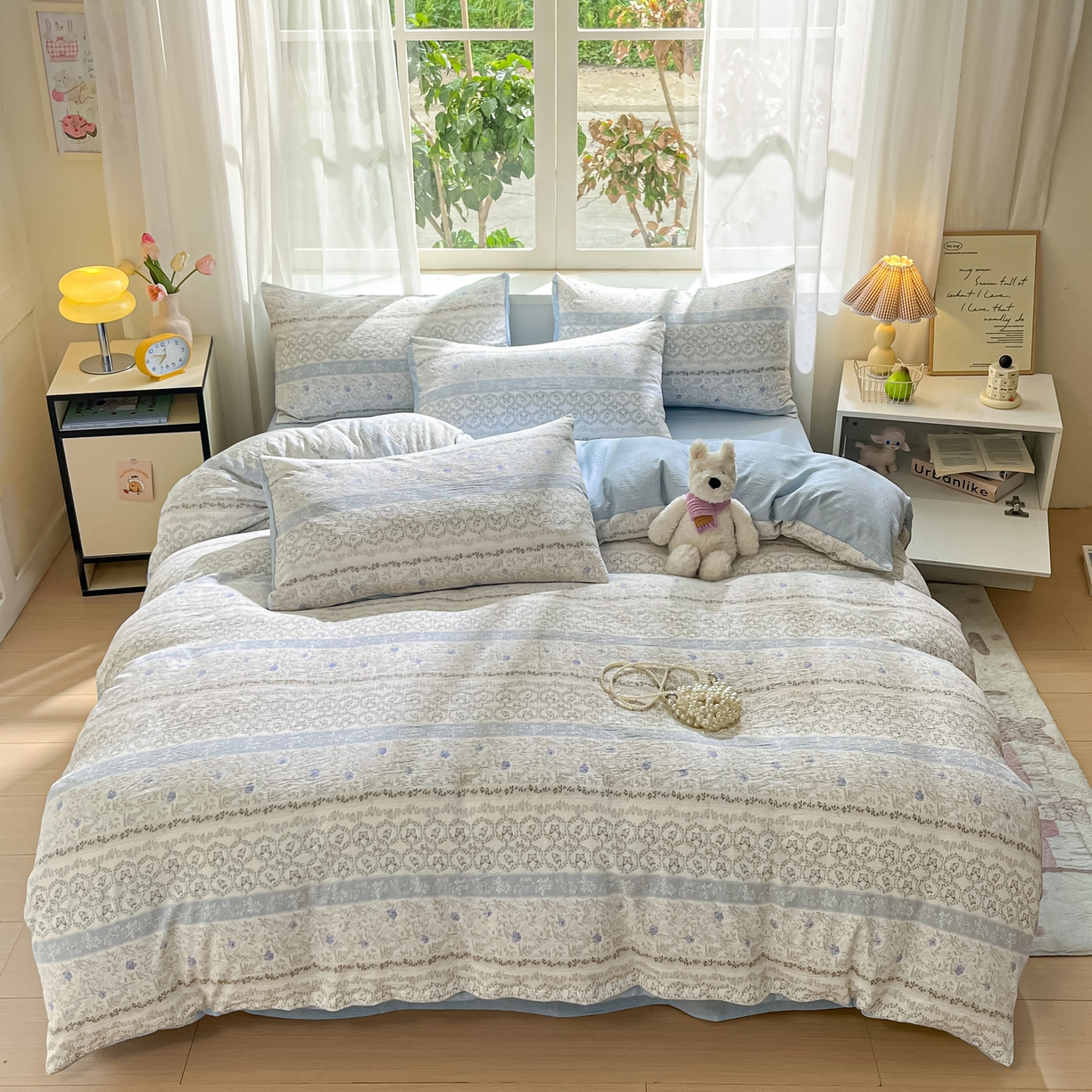 91家纺网 家纺一手货源 找家纺 格真 2025秋冬新款110克高克重提花加厚皱皱纱双层纱四件套双面印花 蝴蝶印记