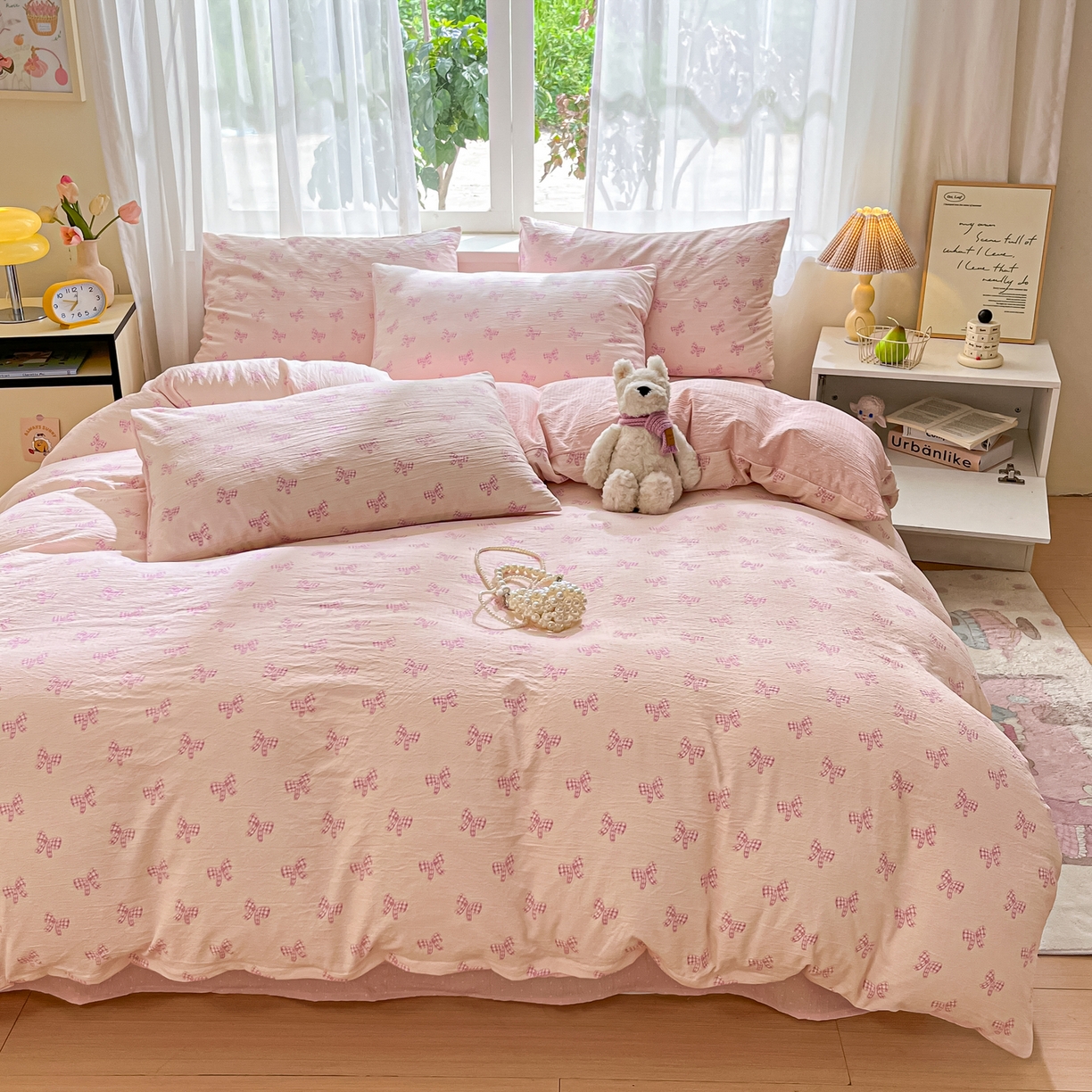 91家纺网 家纺一手货源 找家纺 格真 2025秋冬新款110克高克重提花加厚皱皱纱双层纱四件套双面印花 少女季