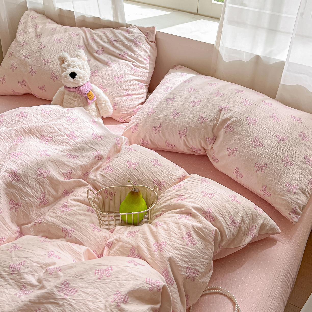 91家纺网 家纺一手货源 找家纺 格真 2025秋冬新款110克高克重提花加厚皱皱纱双层纱四件套双面印花 少女季