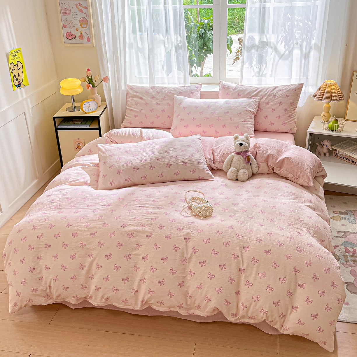 91家纺网 家纺一手货源 找家纺 格真 2025秋冬新款110克高克重提花加厚皱皱纱双层纱四件套双面印花 少女季