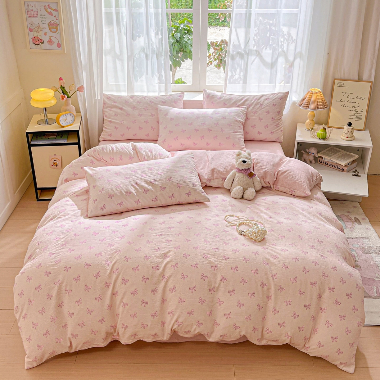 91家纺网 家纺一手货源 找家纺 格真 2025秋冬新款110克高克重提花加厚皱皱纱双层纱四件套双面印花 少女季