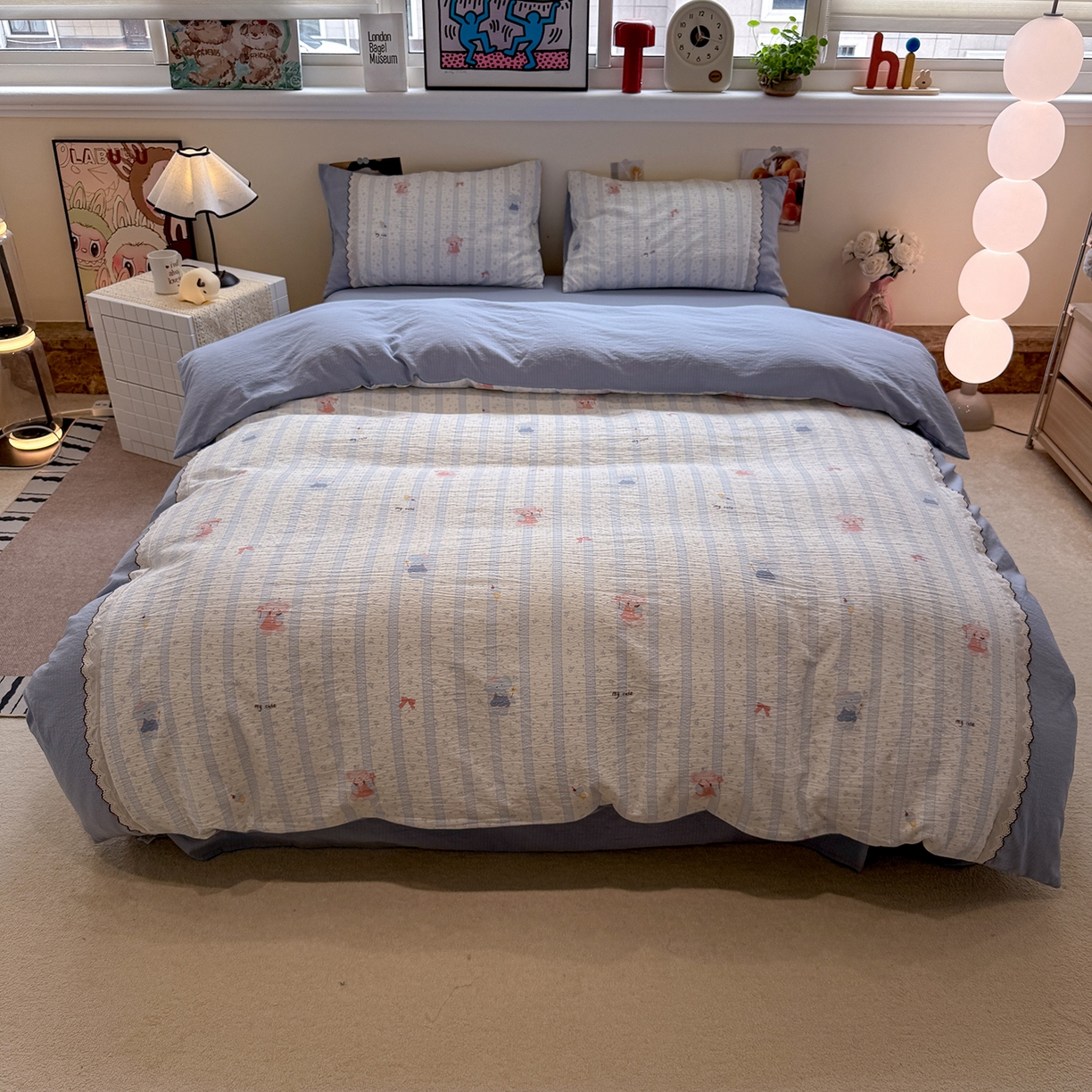 91家纺网 家纺一手货源 找家纺 水墨江南 2025新款云感皱皱纱全棉花边四件套-场景二 花边款-绒绒象