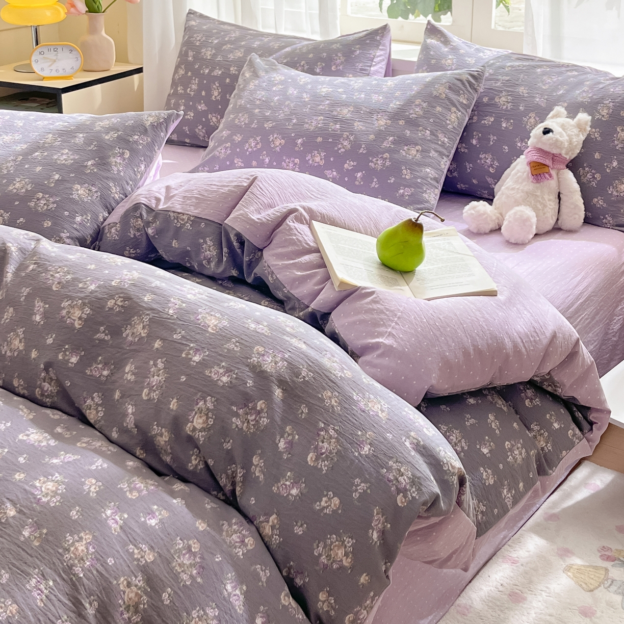 91家纺网 家纺一手货源 找家纺 格真 2025秋冬新款110克高克重提花加厚皱皱纱双层纱四件套双面印花 乌木沉香