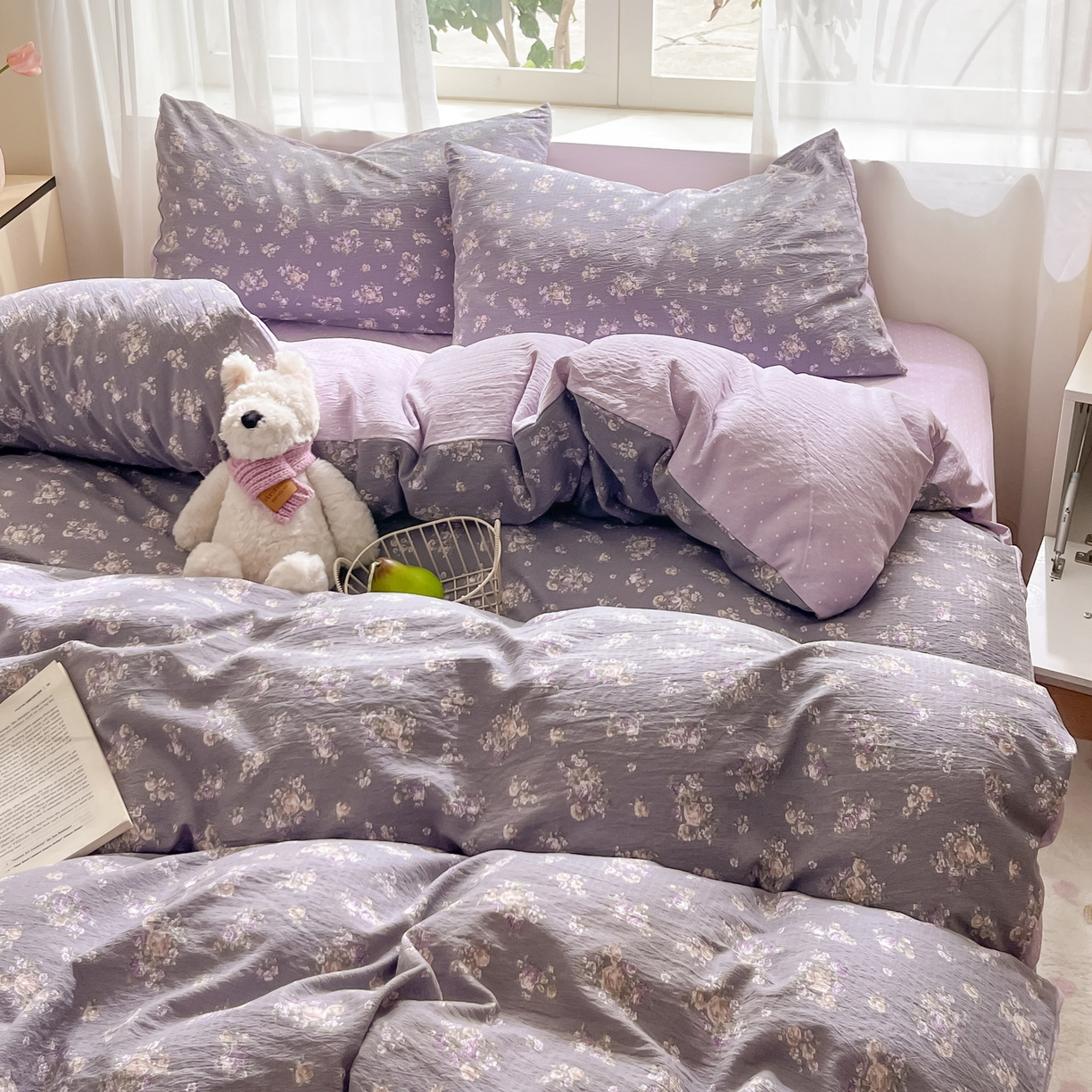 91家纺网 家纺一手货源 找家纺 格真 2025秋冬新款110克高克重提花加厚皱皱纱双层纱四件套双面印花 乌木沉香