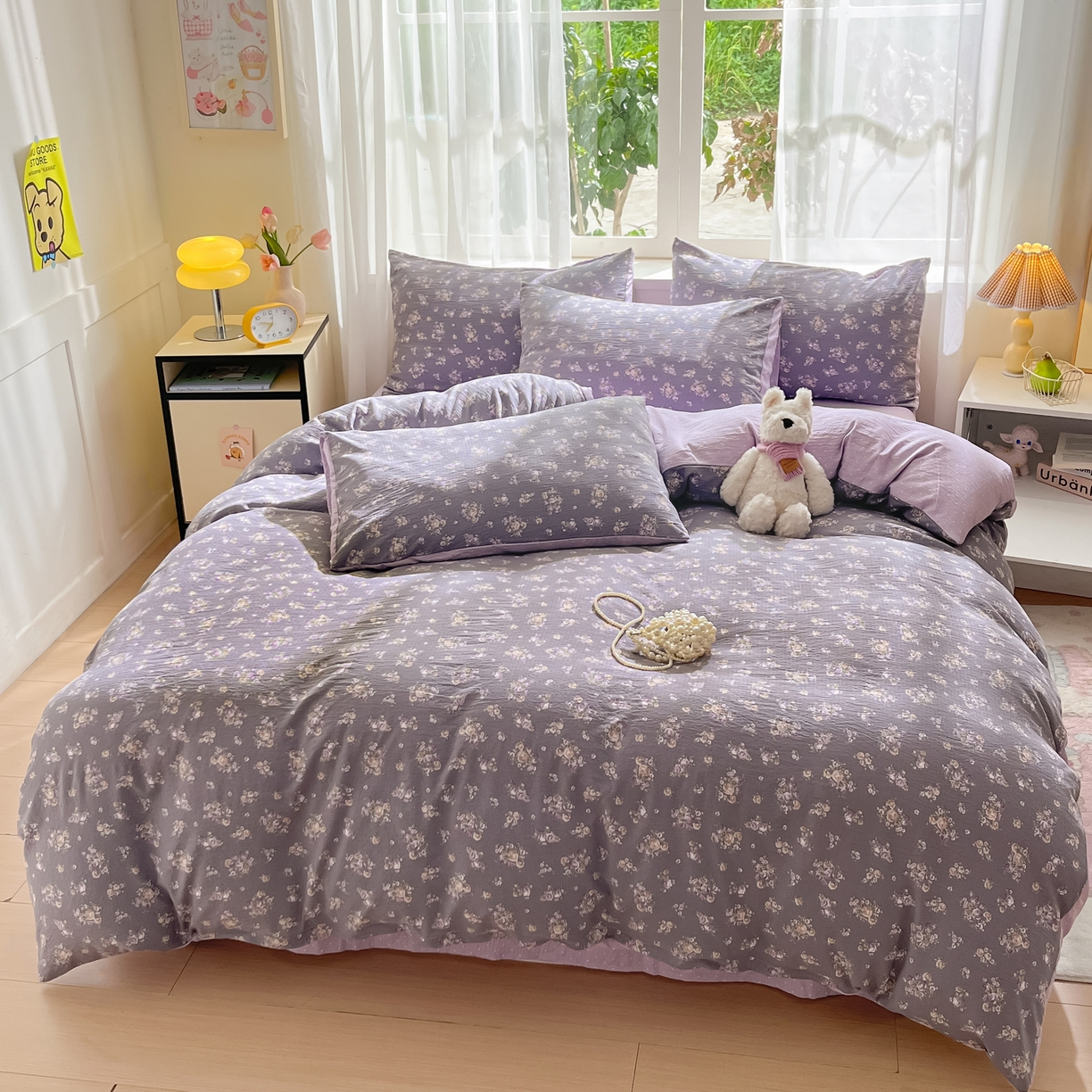 91家纺网 家纺一手货源 找家纺 格真 2025秋冬新款110克高克重提花加厚皱皱纱双层纱四件套双面印花 乌木沉香