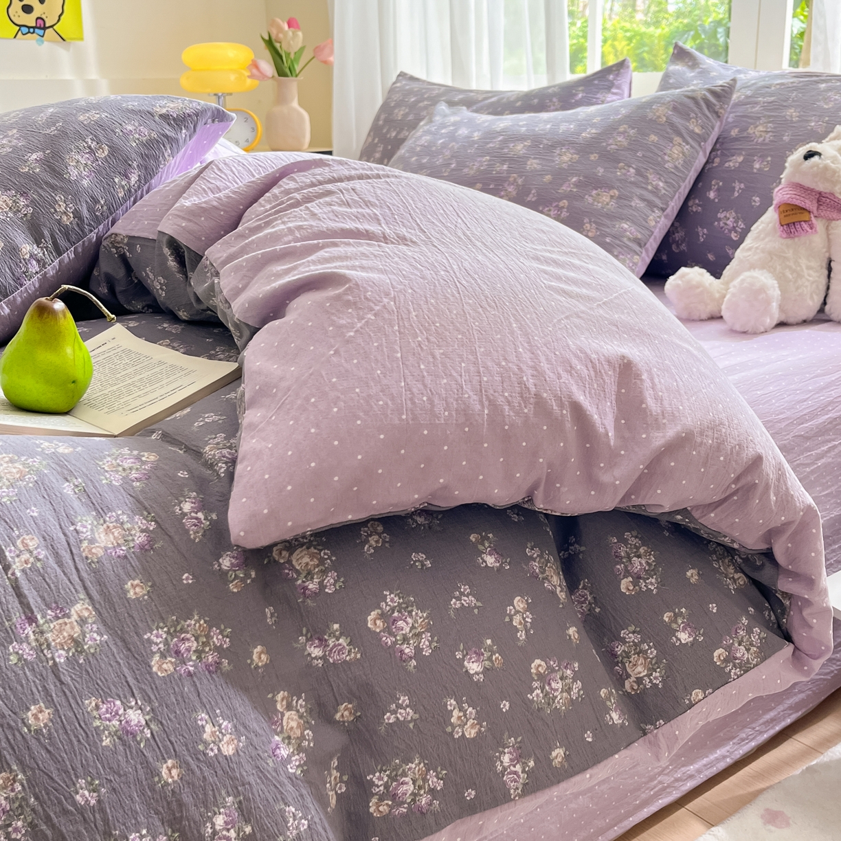 91家纺网 家纺一手货源 找家纺 格真 2025秋冬新款110克高克重提花加厚皱皱纱双层纱四件套双面印花 乌木沉香