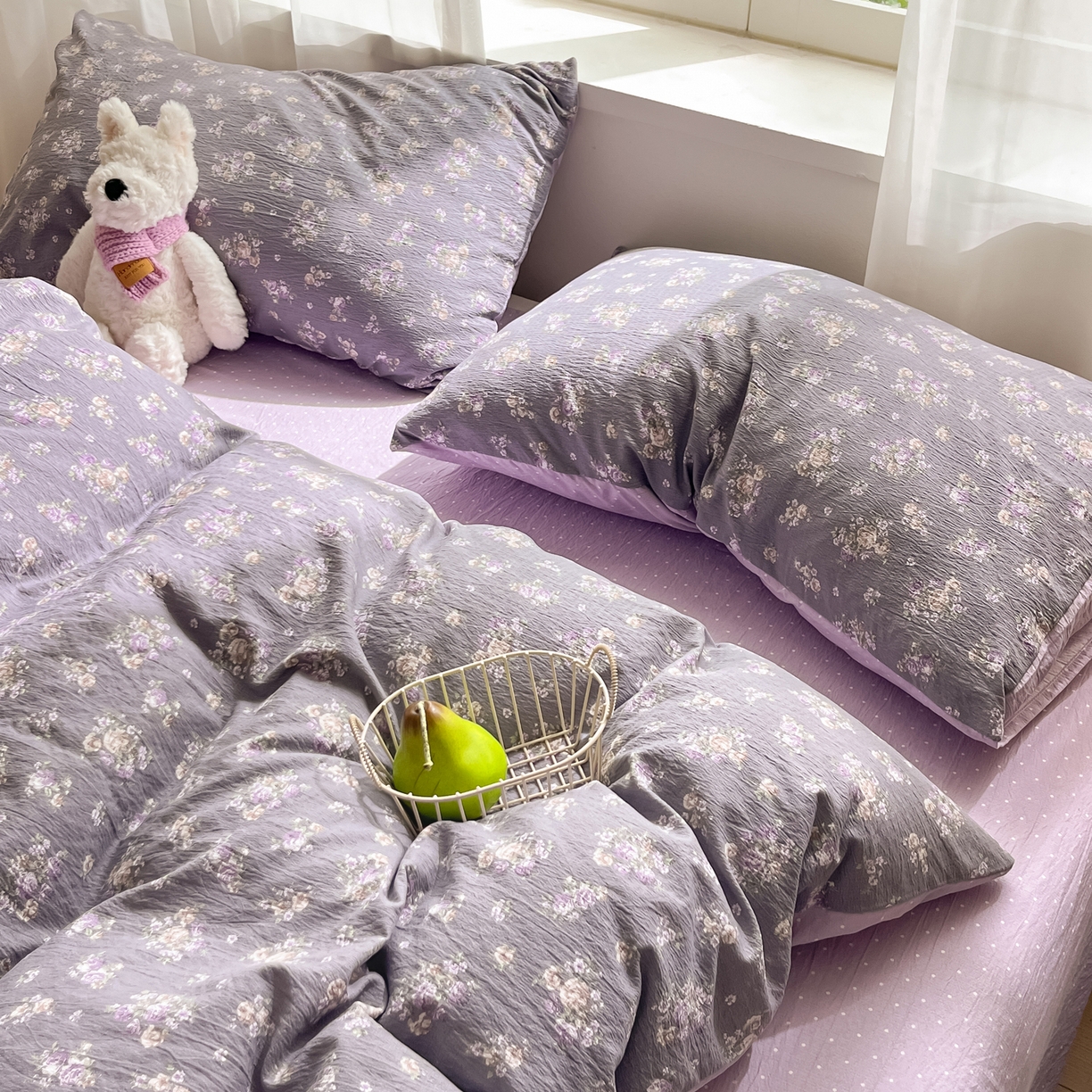 91家纺网 家纺一手货源 找家纺 格真 2025秋冬新款110克高克重提花加厚皱皱纱双层纱四件套双面印花 乌木沉香