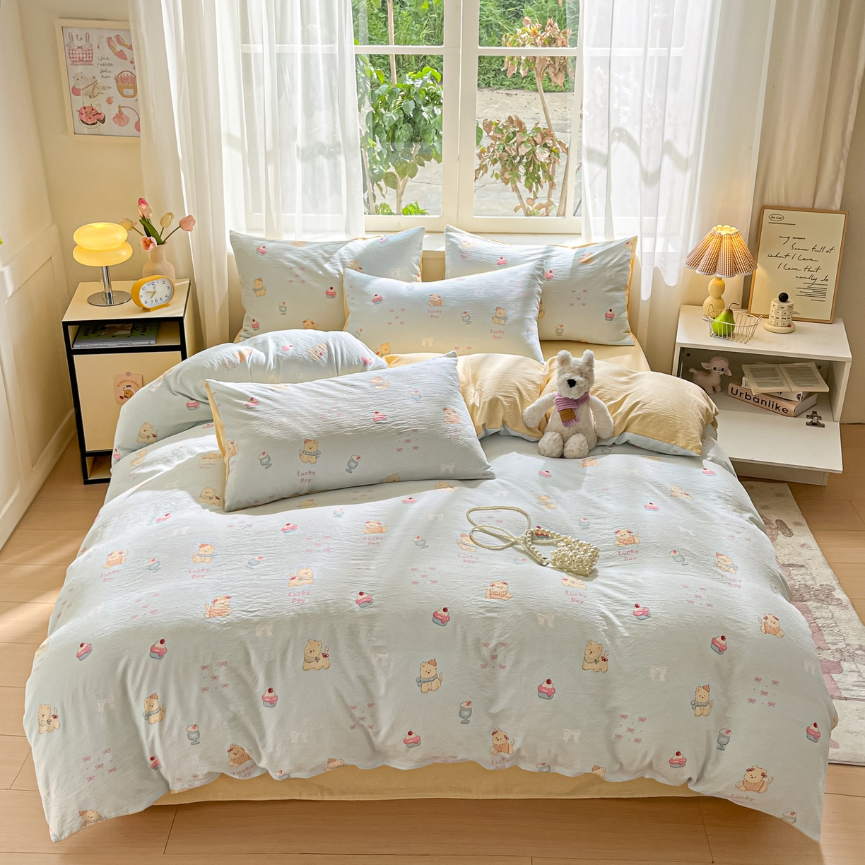 91家纺网 家纺一手货源 找家纺 格真 2025秋冬新款110克高克重提花加厚皱皱纱双层纱四件套双面印花 西高地