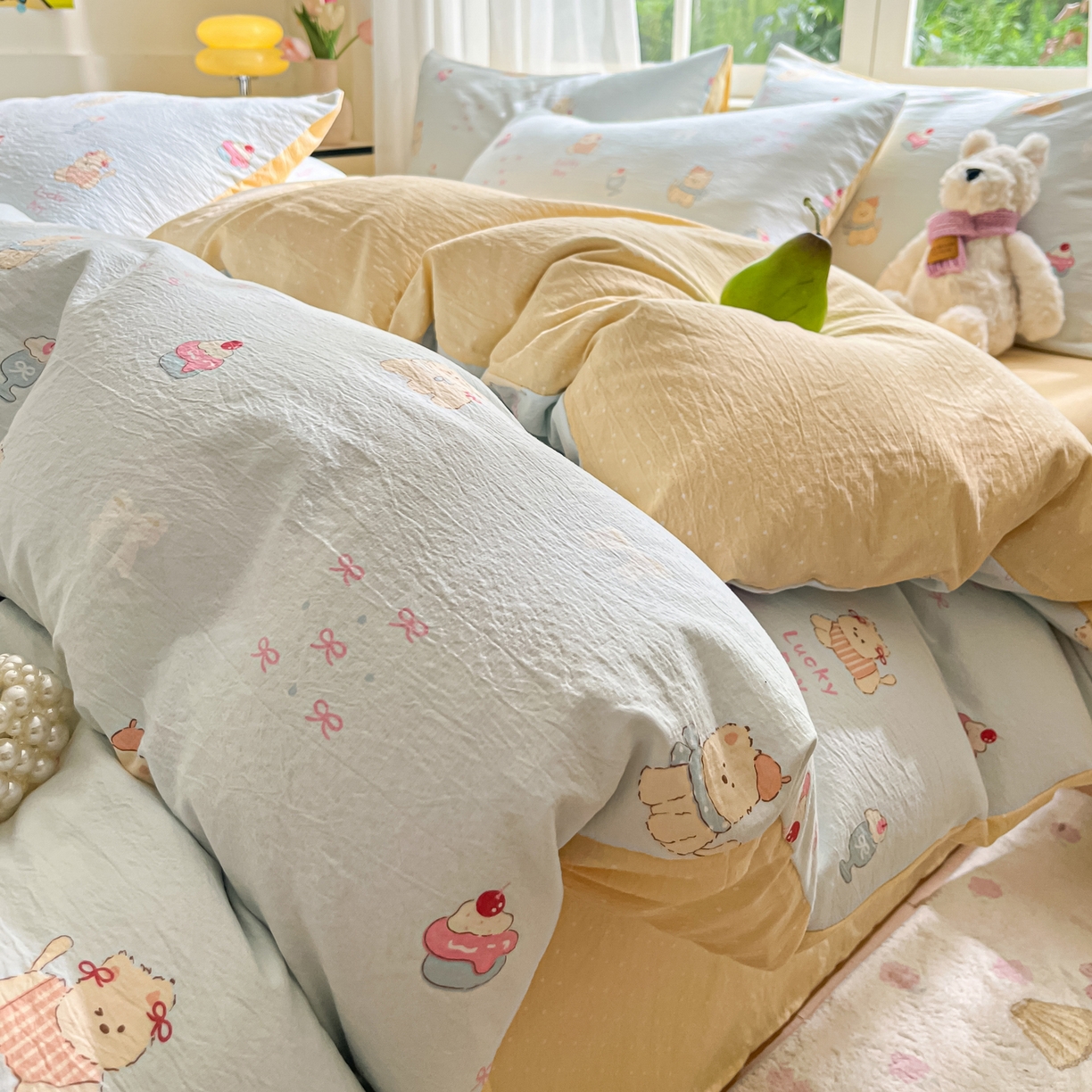 91家纺网 家纺一手货源 找家纺 格真 2025秋冬新款110克高克重提花加厚皱皱纱双层纱四件套双面印花 西高地