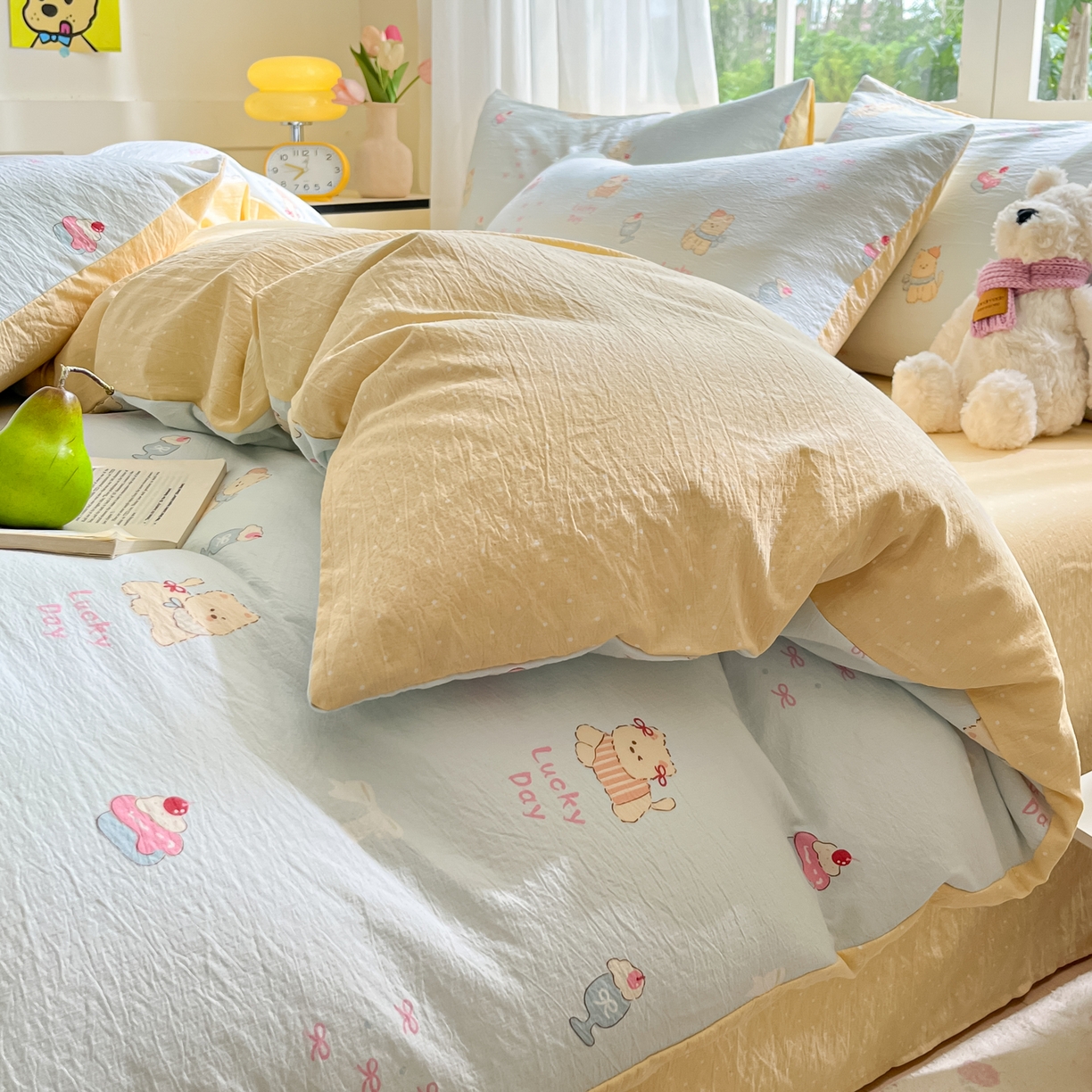 91家纺网 家纺一手货源 找家纺 格真 2025秋冬新款110克高克重提花加厚皱皱纱双层纱四件套双面印花 西高地