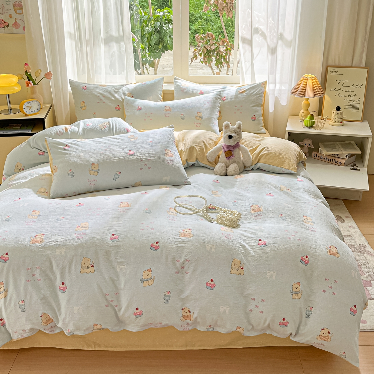 91家纺网 家纺一手货源 找家纺 格真 2025秋冬新款110克高克重提花加厚皱皱纱双层纱四件套双面印花 西高地