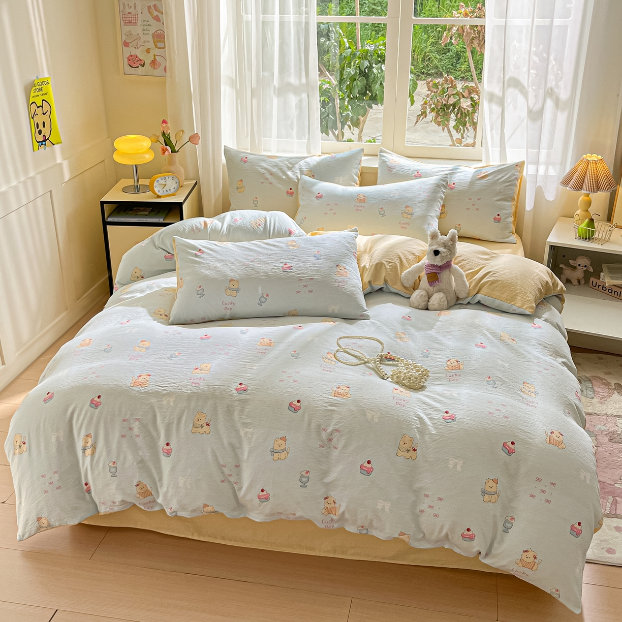 91家纺网 家纺一手货源 找家纺 格真 2025秋冬新款110克高克重提花加厚皱皱纱双层纱四件套双面印花 西高地