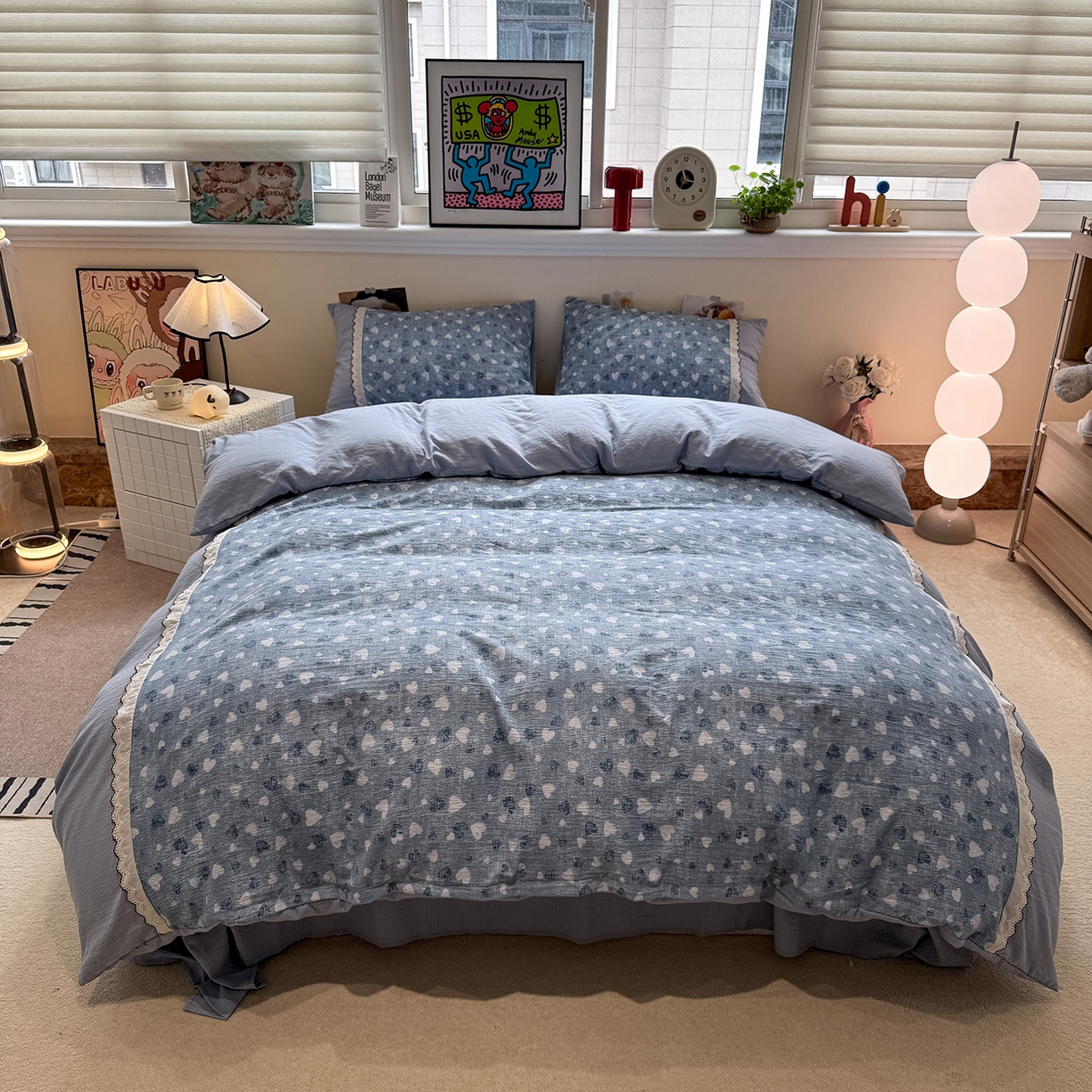 91家纺网 家纺一手货源 找家纺 水墨江南 2025新款云感皱皱纱全棉花边四件套-场景二 花边款-小确幸