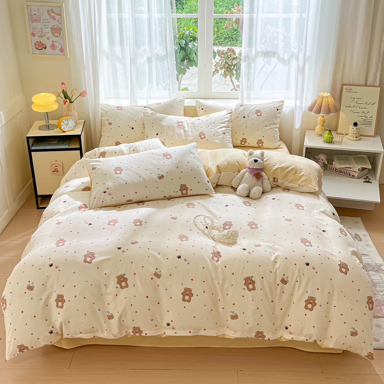 91家纺网 家纺一手货源 找家纺 格真 2025秋冬新款110克高克重提花加厚皱皱纱双层纱四件套双面印花 熊可爱