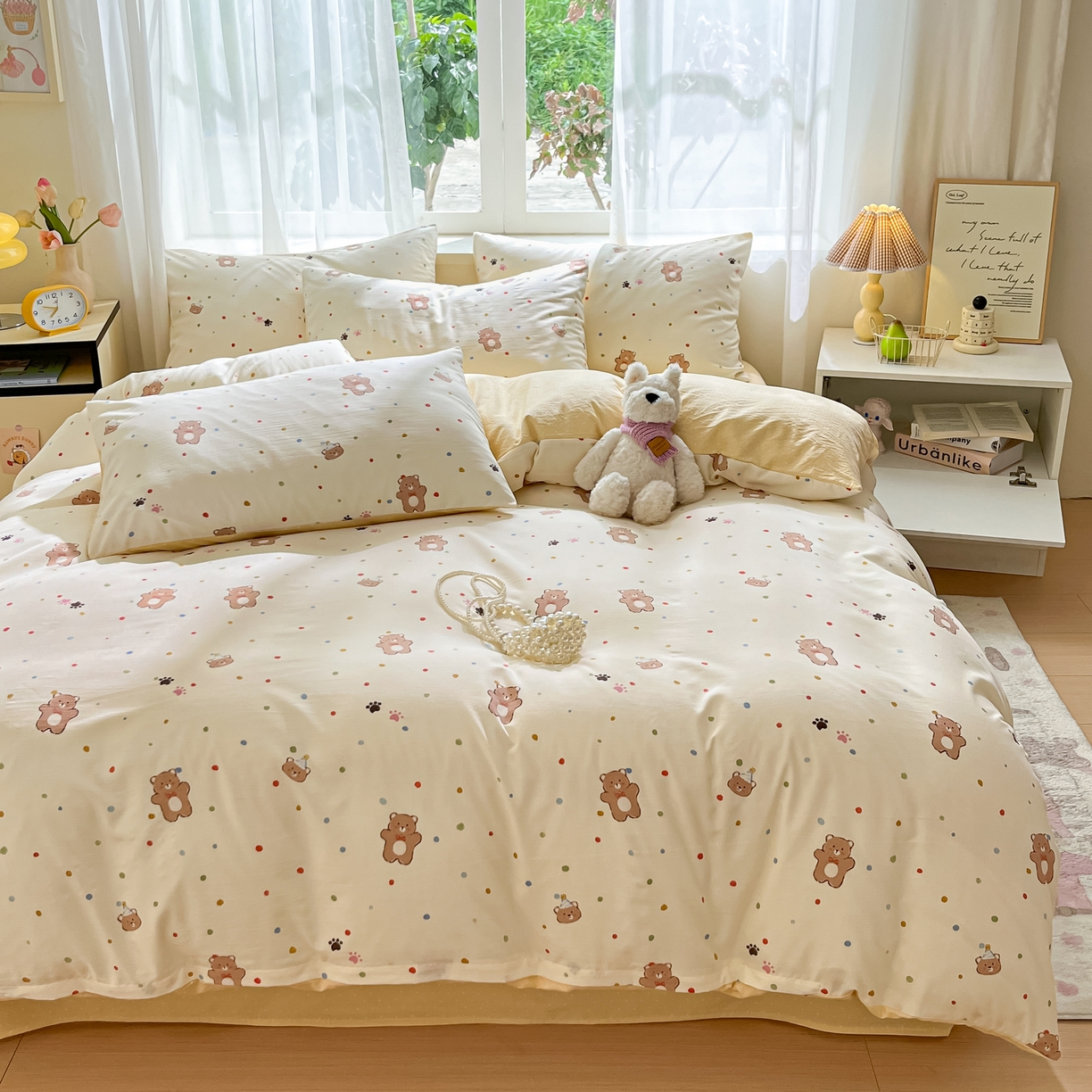 91家纺网 家纺一手货源 找家纺 格真 2025秋冬新款110克高克重提花加厚皱皱纱双层纱四件套双面印花 熊可爱