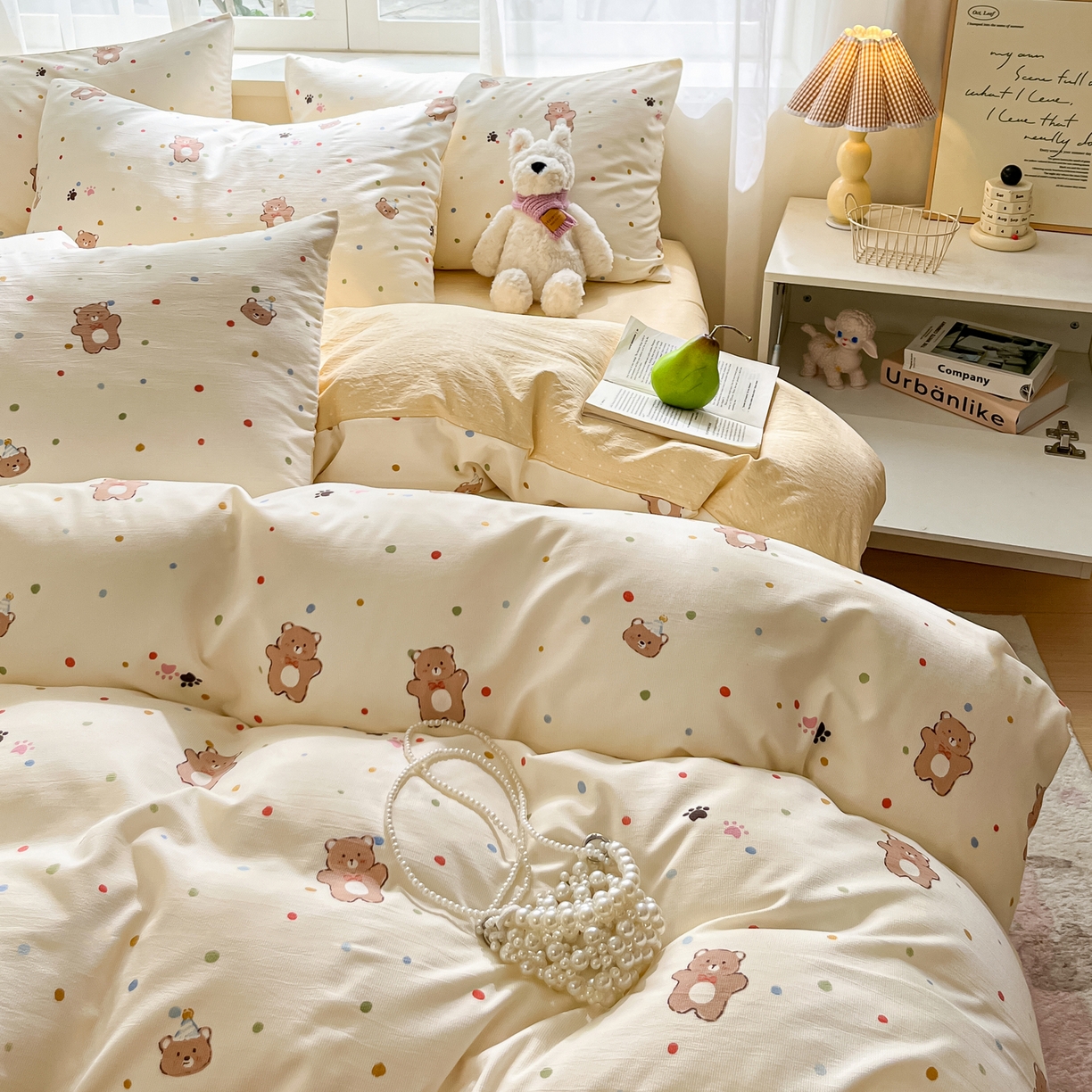 91家纺网 家纺一手货源 找家纺 格真 2025秋冬新款110克高克重提花加厚皱皱纱双层纱四件套双面印花 熊可爱