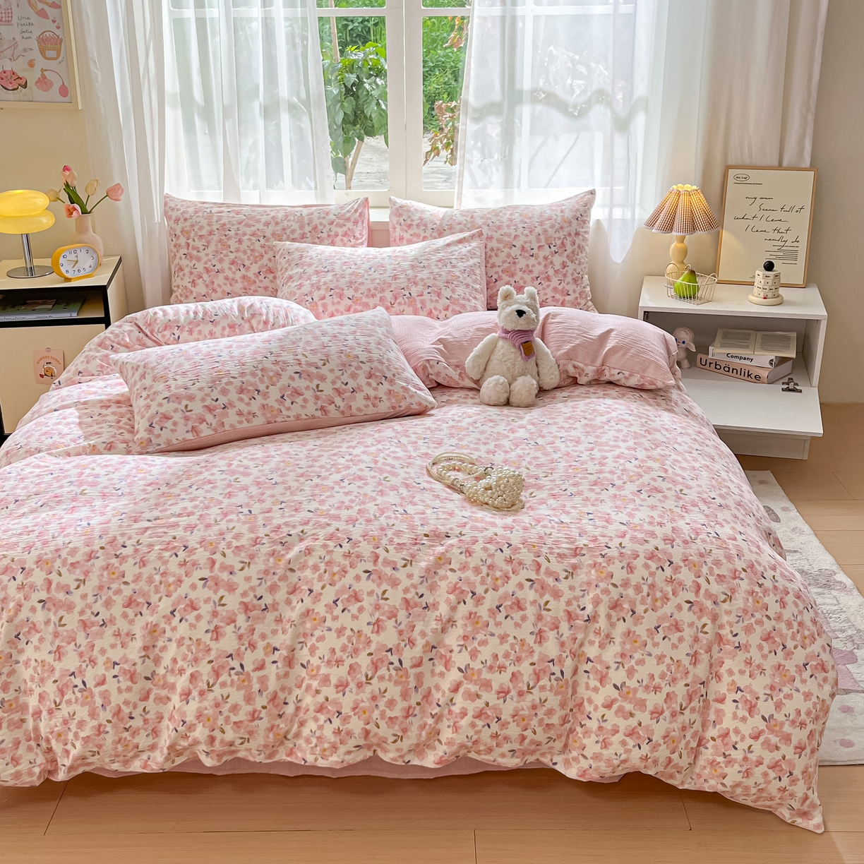 91家纺网 家纺一手货源 找家纺 格真 2025秋冬新款110克高克重提花加厚皱皱纱双层纱四件套双面印花 嫣然