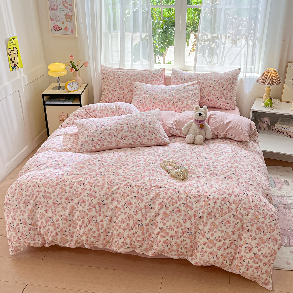 91家纺网 家纺一手货源 找家纺 格真 2025秋冬新款110克高克重提花加厚皱皱纱双层纱四件套双面印花 嫣然