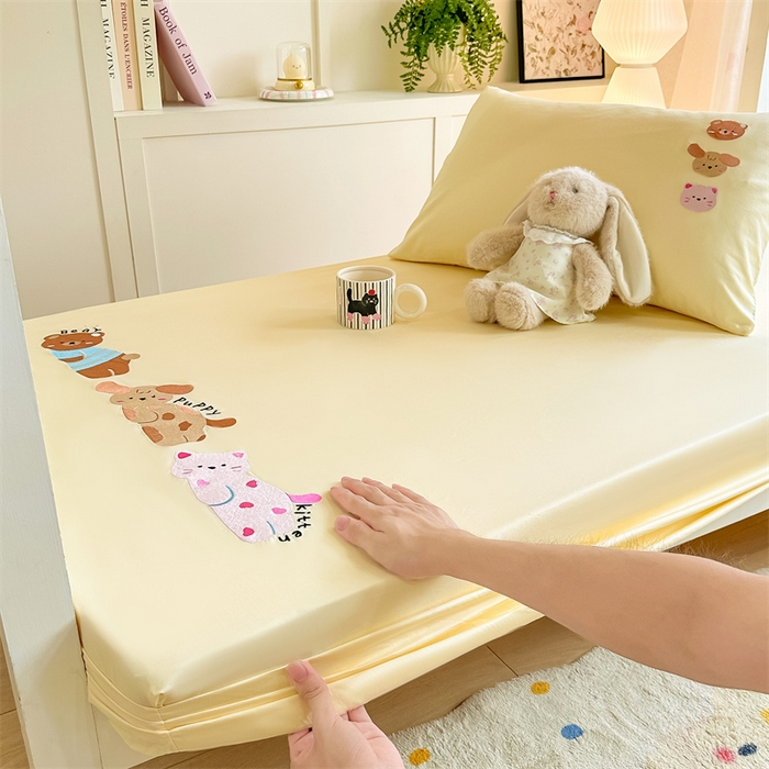 91家纺网 家纺一手货源 找家纺 灰鲸 2025新款全棉刺绣床笠-懒懒小憩学生床系列 懒懒小憩-黄