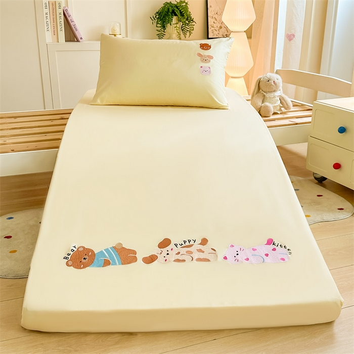 91家纺网 家纺一手货源 找家纺 灰鲸 2025新款全棉刺绣床笠-懒懒小憩学生床系列 懒懒小憩-黄