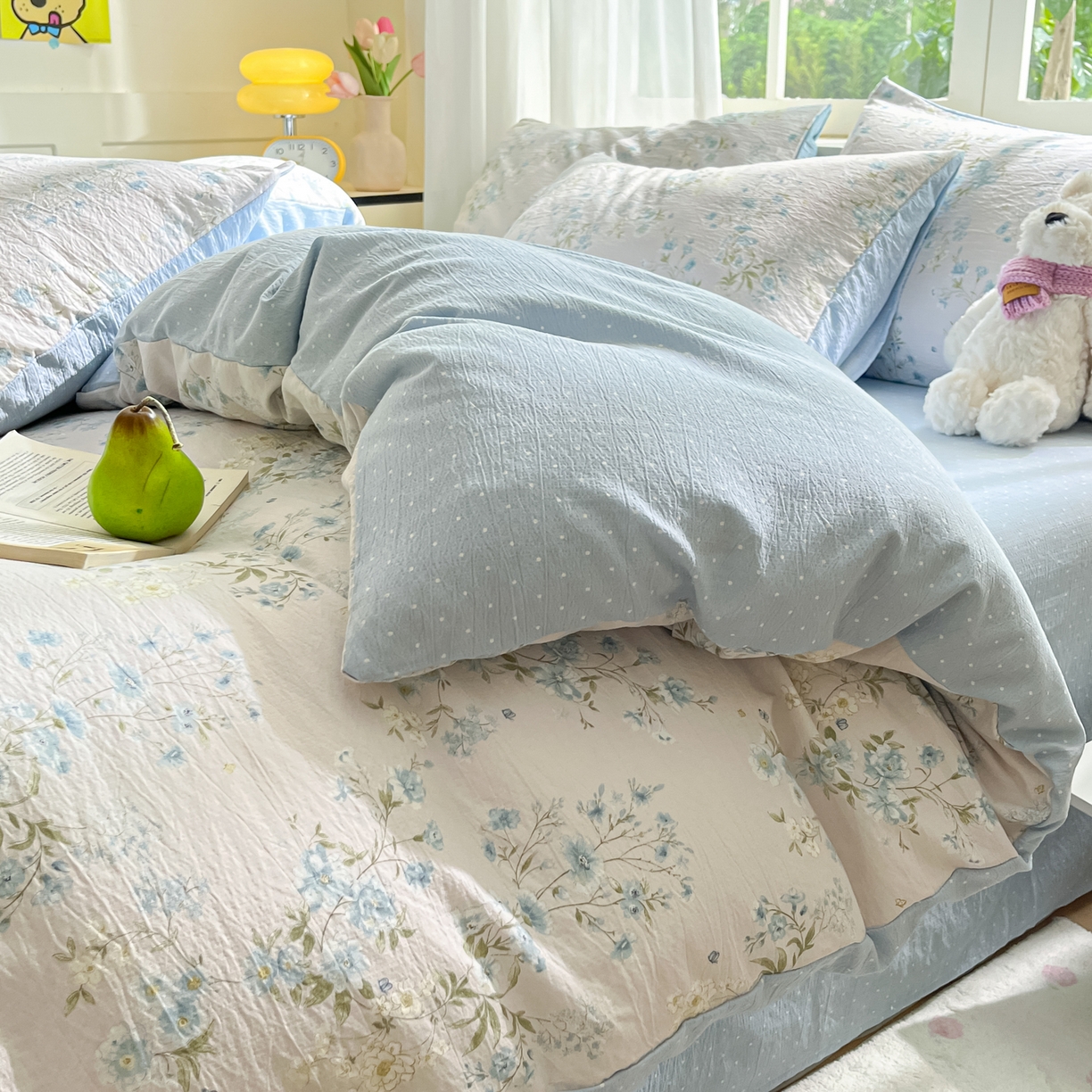 91家纺网 家纺一手货源 找家纺 格真 2025秋冬新款110克高克重提花加厚皱皱纱双层纱四件套双面印花 长相思兰