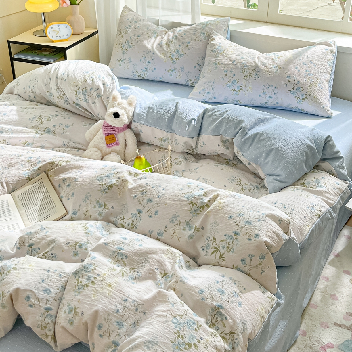 91家纺网 家纺一手货源 找家纺 格真 2025秋冬新款110克高克重提花加厚皱皱纱双层纱四件套双面印花 长相思兰