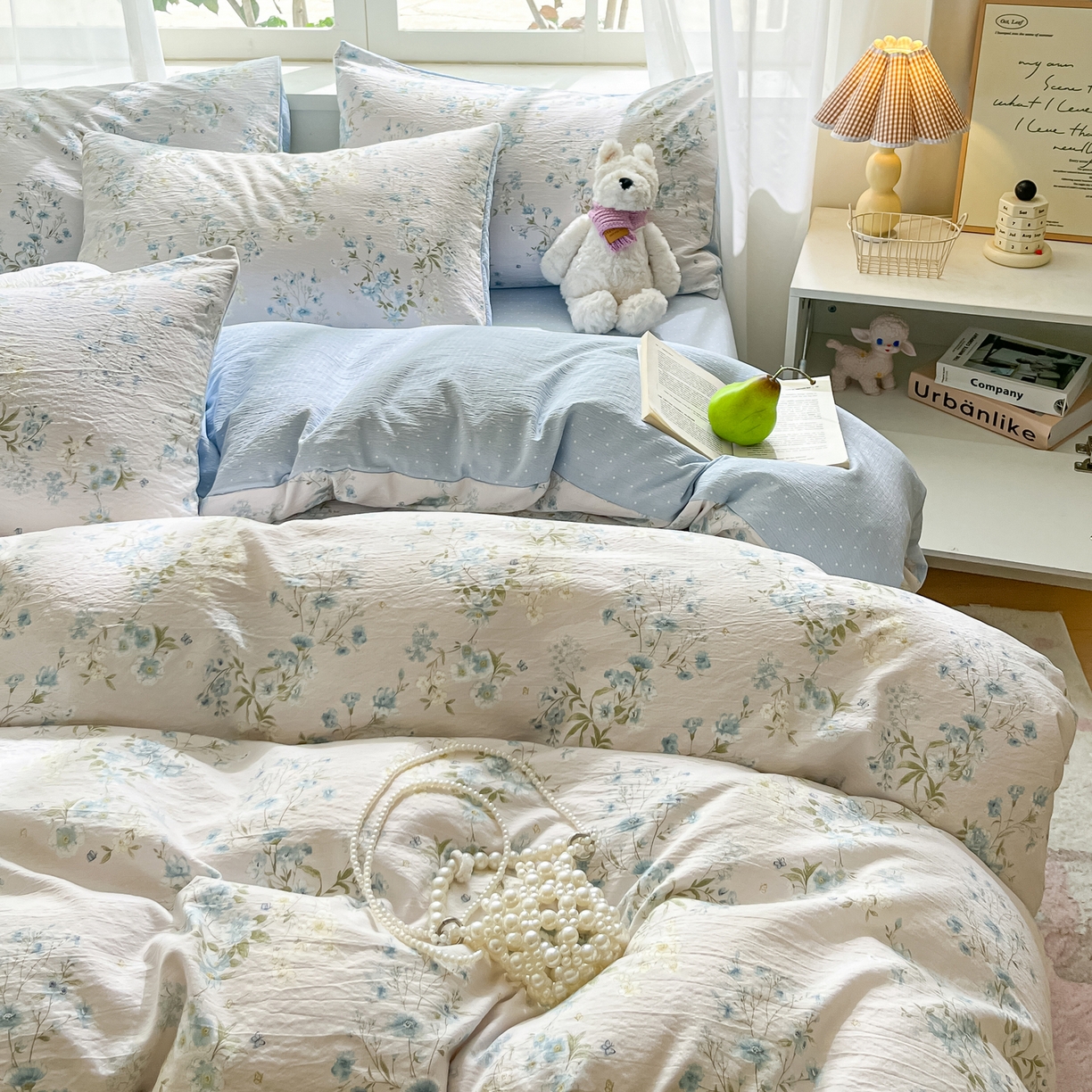 91家纺网 家纺一手货源 找家纺 格真 2025秋冬新款110克高克重提花加厚皱皱纱双层纱四件套双面印花 长相思兰