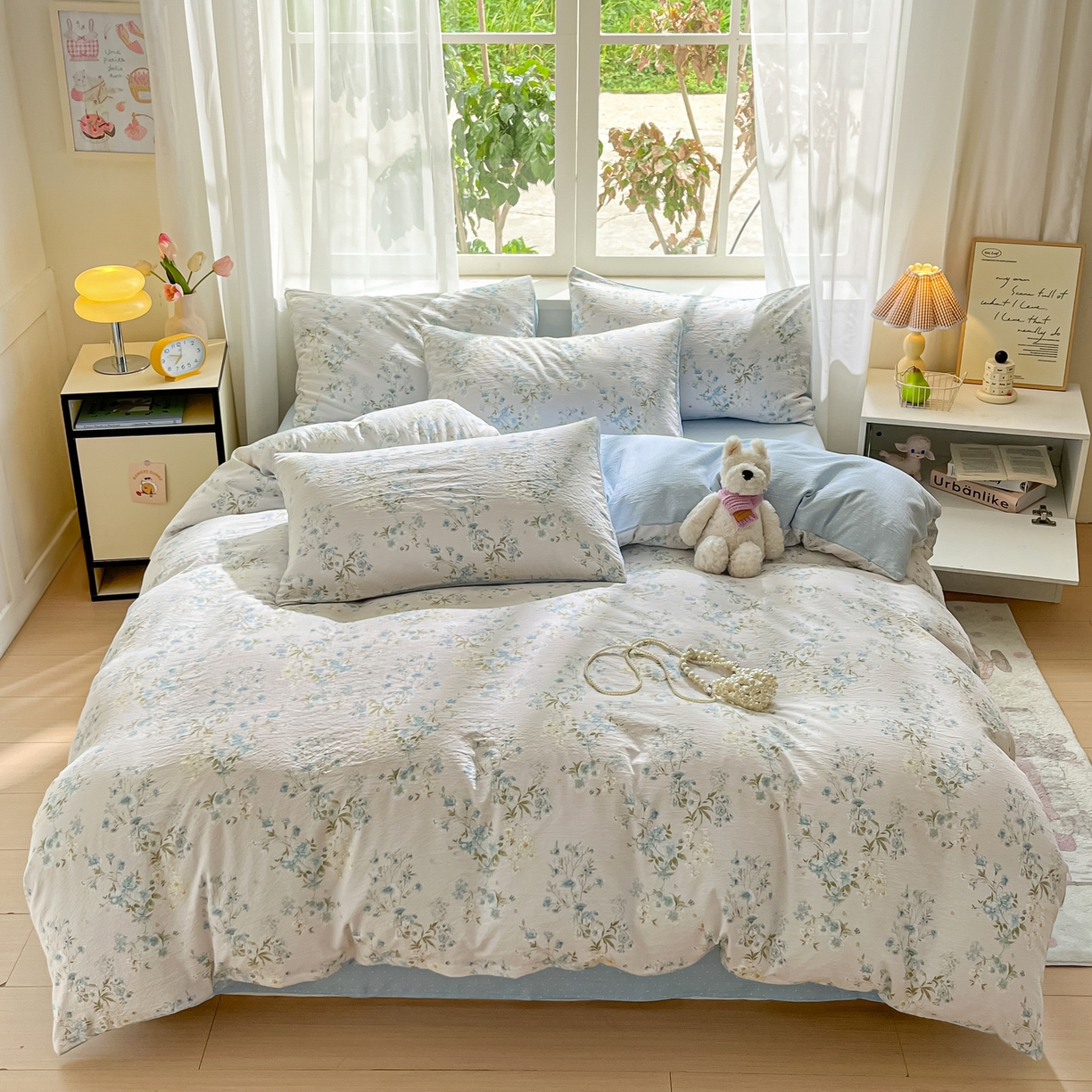 91家纺网 家纺一手货源 找家纺 格真 2025秋冬新款110克高克重提花加厚皱皱纱双层纱四件套双面印花 长相思兰