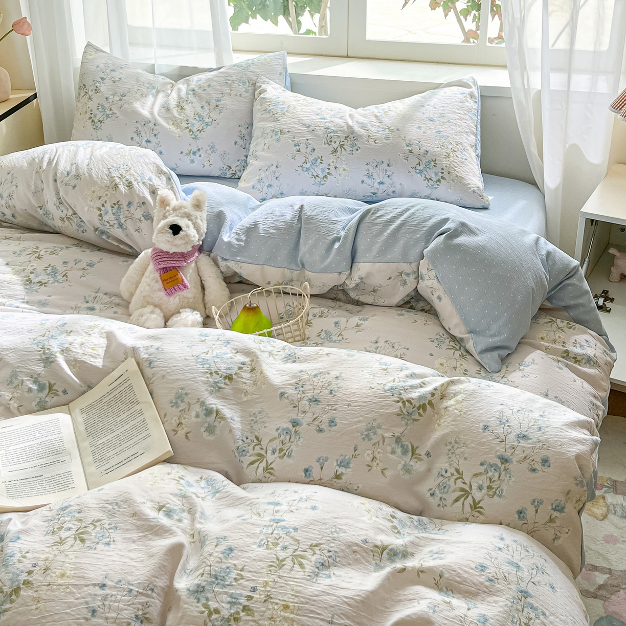 91家纺网 家纺一手货源 找家纺 格真 2025秋冬新款110克高克重提花加厚皱皱纱双层纱四件套双面印花 长相思兰