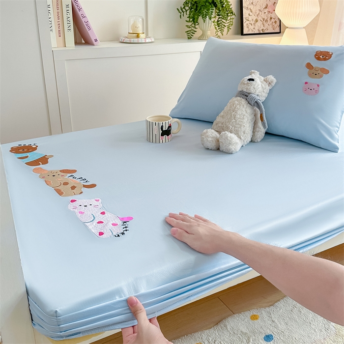 91家纺网 家纺一手货源 找家纺 灰鲸 2025新款全棉刺绣床笠-懒懒小憩学生床系列 懒懒小憩-蓝