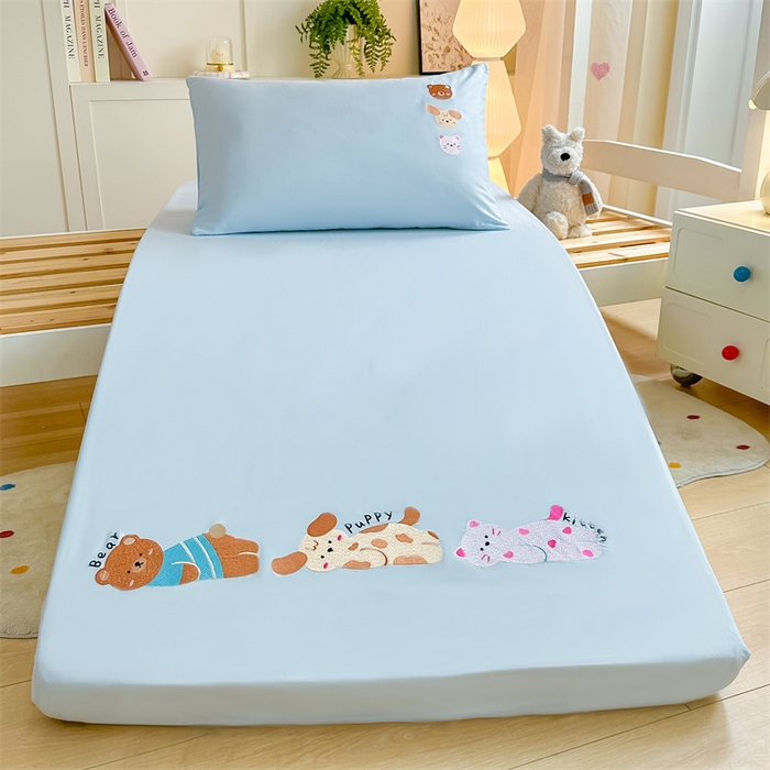 91家纺网 家纺一手货源 找家纺 灰鲸 2025新款全棉刺绣床笠-懒懒小憩学生床系列 懒懒小憩-蓝