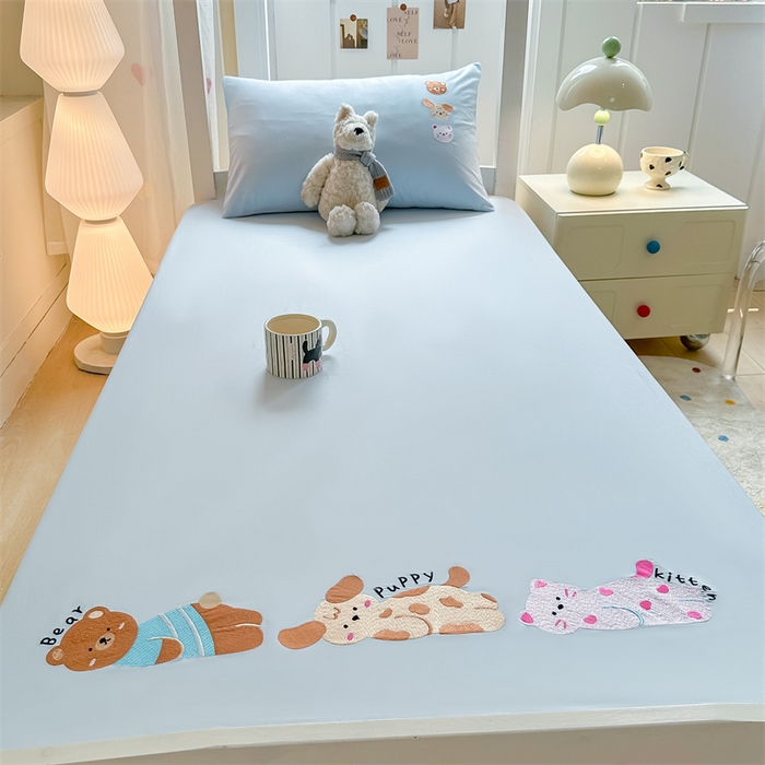 91家纺网 家纺一手货源 找家纺 灰鲸 2025新款全棉刺绣床笠-懒懒小憩学生床系列 懒懒小憩-蓝